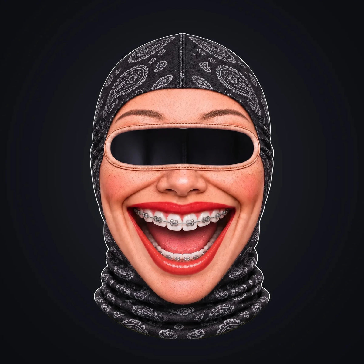 Brenda Braces printed face ski mask, front view on a dark background, with the open oval eye window showing the dark inside of the hood.