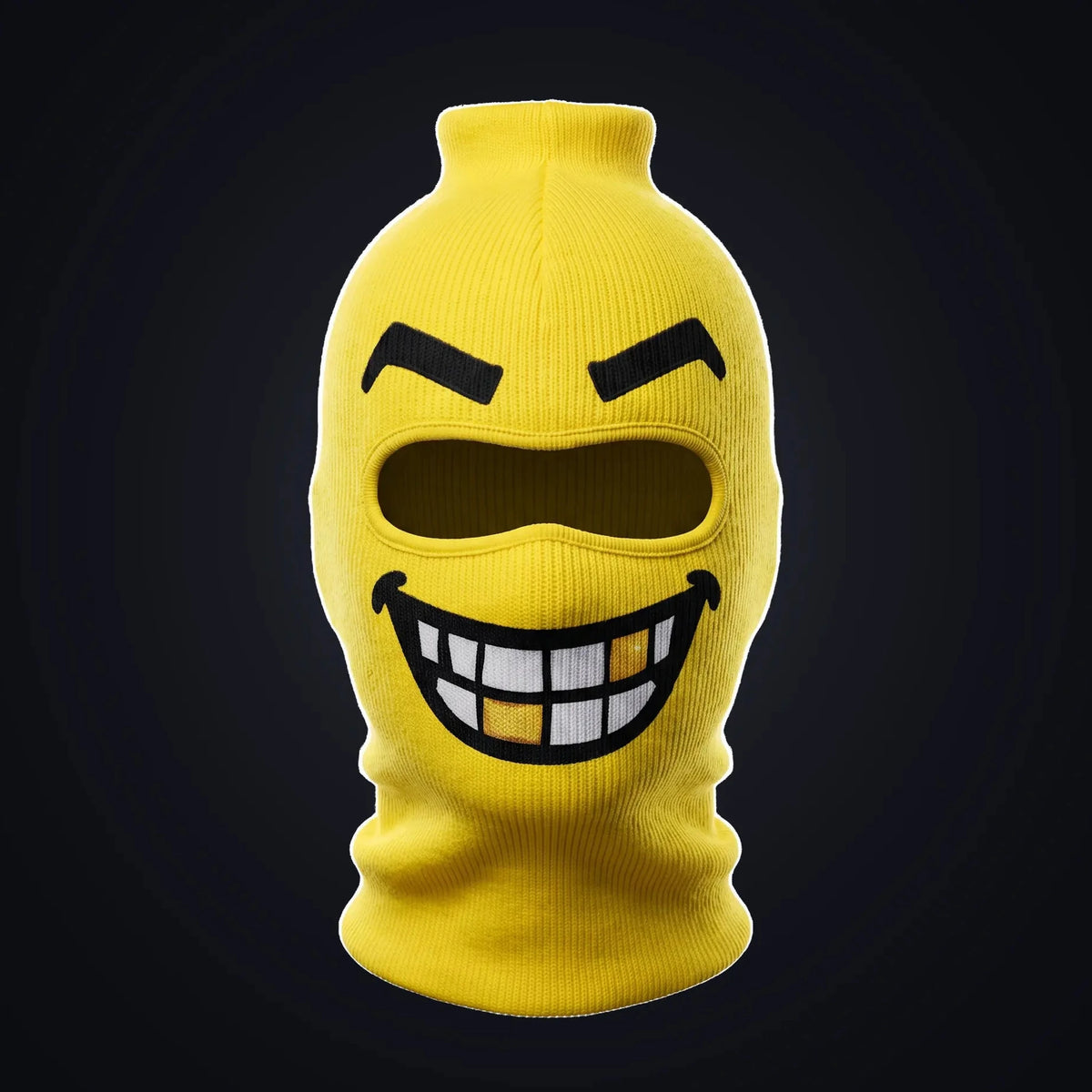 Chompers yellow block head ski mask, front view on a dark background.