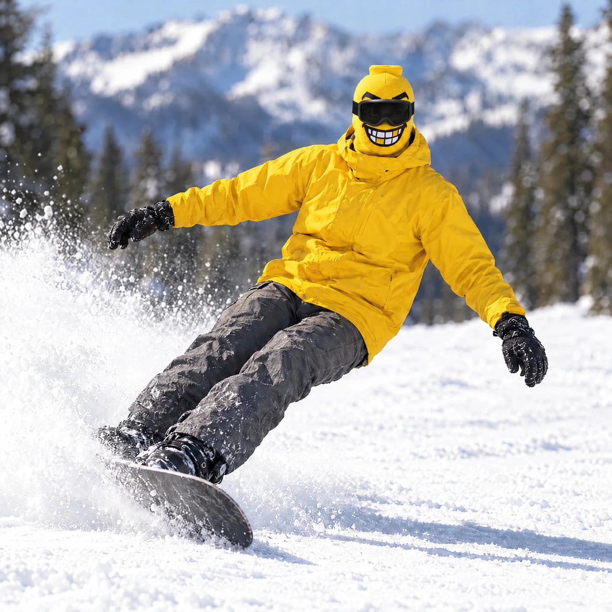 Snowboarder in a Goon Yellow jacket wearing the Chompers ski mask, mid heelside carve, snow spraying off the board on a sunny slope, worn with black ski goggles.