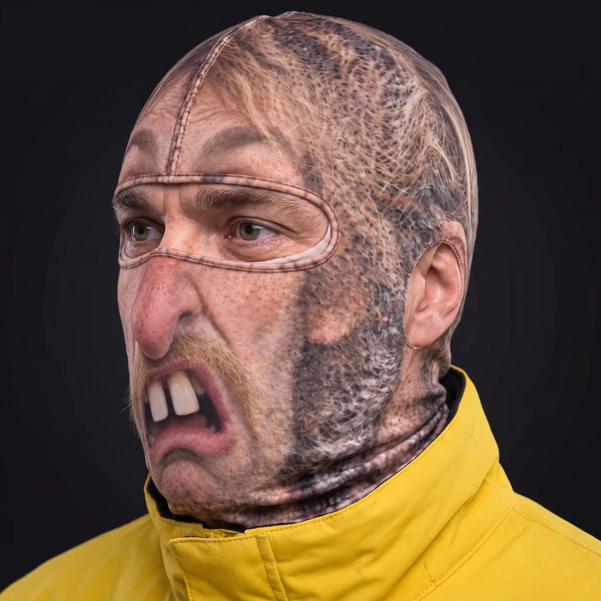 Three-quarter view of the Cousin Wade ski mask pulled over the head, ears and neck.