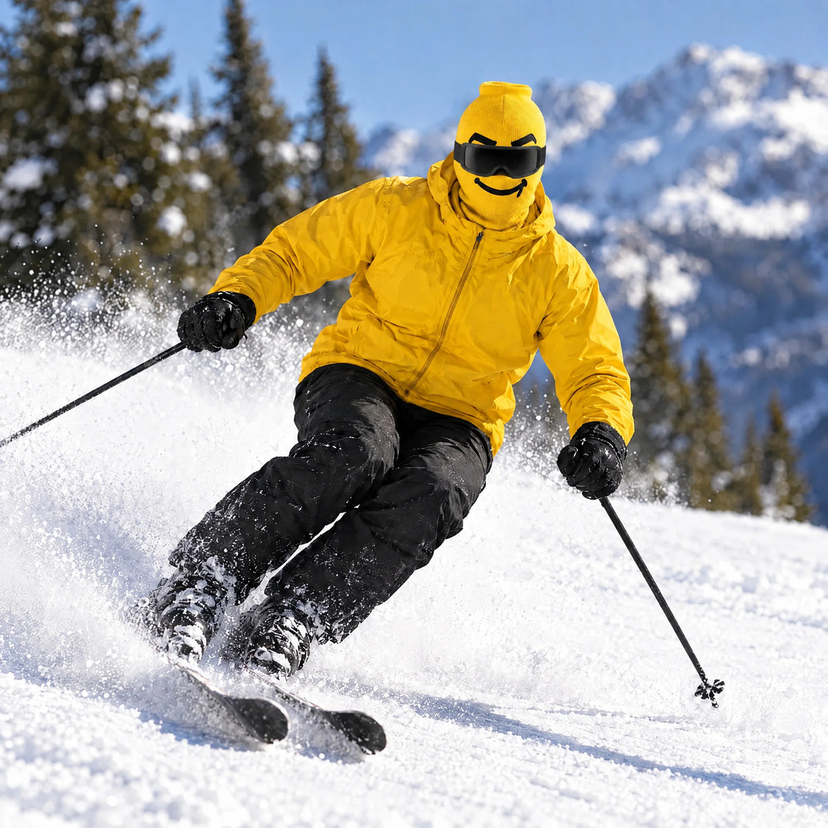 Skier in a Goon Yellow jacket wearing the Smuggles ski mask, mid carve, snow spraying off the skis on a sunny slope, worn with black ski goggles.