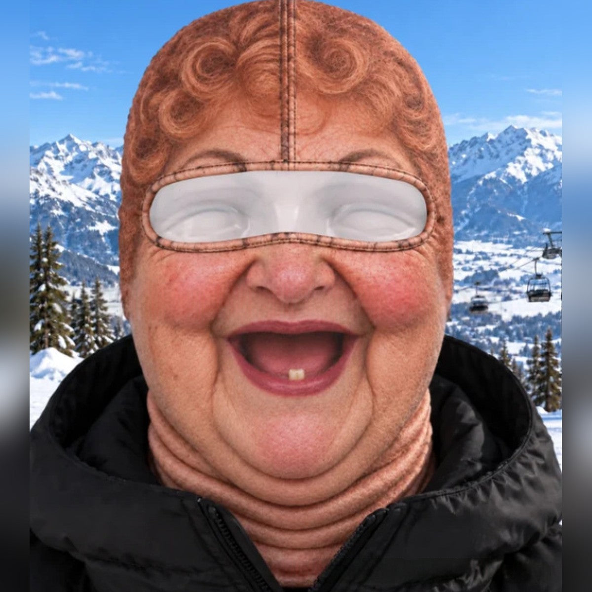 Aunt Bev funny laughing lady ski mask with ginger curls and one tooth