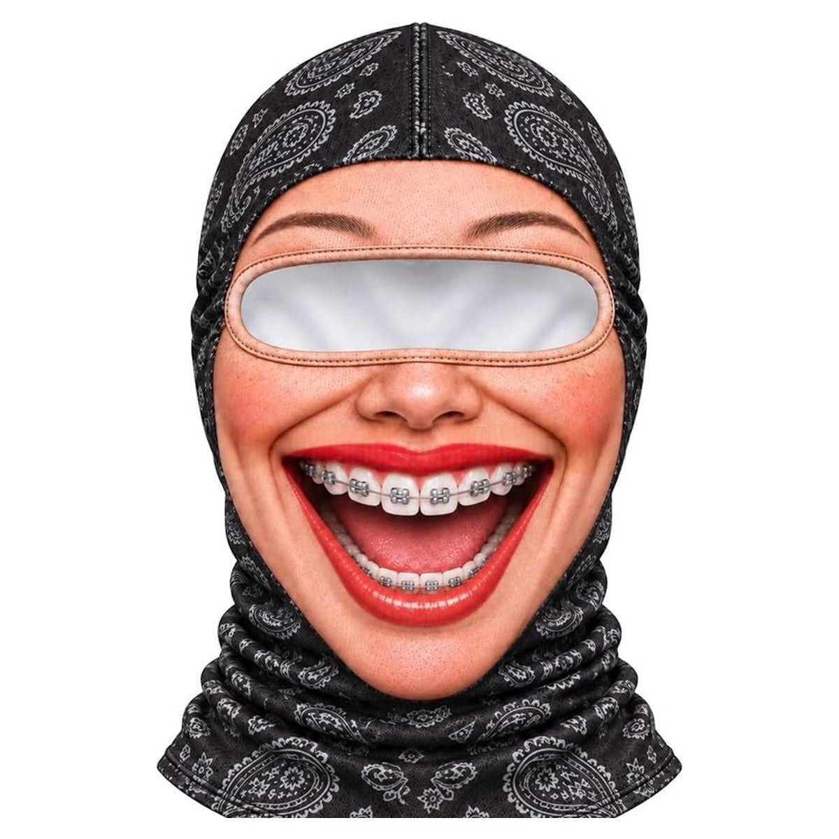 Brenda Braces funny ski mask with a huge red-lipstick smile, braces and paisley bandana print