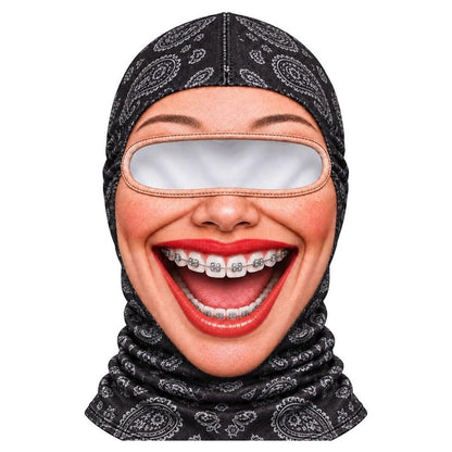 Brenda Braces funny ski mask with a huge red-lipstick smile, braces and paisley bandana print