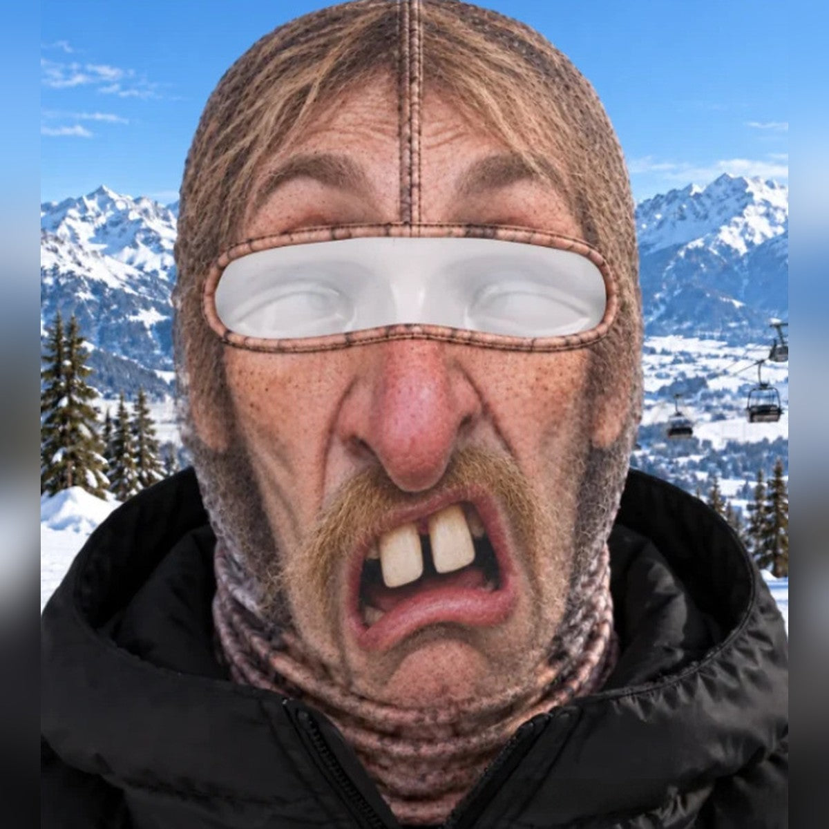 Cousin Wade funny ski mask with buck teeth, droopy mustache and shaggy hair