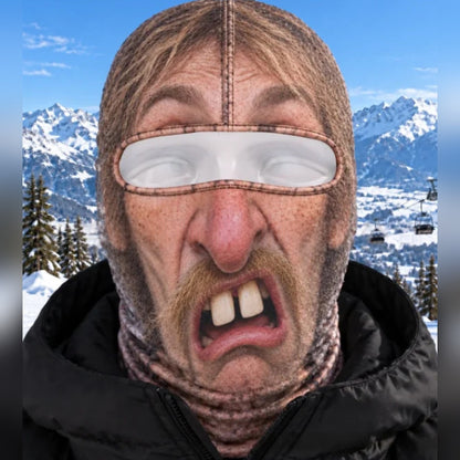 Cousin Wade funny ski mask with buck teeth, droopy mustache and shaggy hair