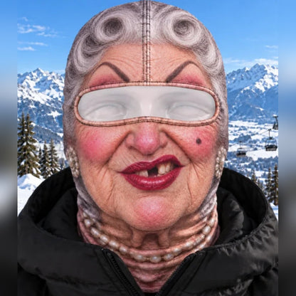 Granny Pearl funny old lady ski mask with silver curls, red lipstick and pearl necklace print