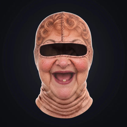 Aunt Bev printed face ski mask, front view on a dark background, with the open oval eye window showing the dark inside of the hood.