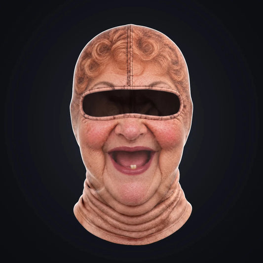 Aunt Bev printed face ski mask, front view on a dark background, with the open oval eye window showing the dark inside of the hood.
