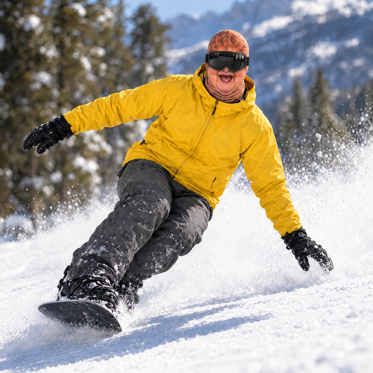 Snowboarder in a Goon Yellow jacket wearing the Aunt Bev ski mask, mid toeside carve, snow spraying off the board on a sunny slope, worn with black ski goggles.