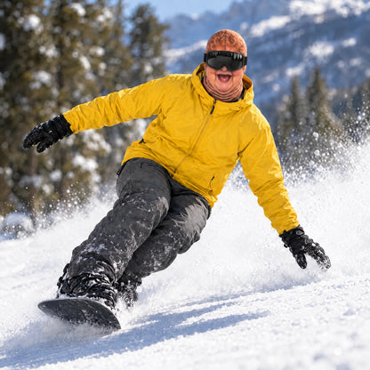 Snowboarder in a Goon Yellow jacket wearing the Aunt Bev ski mask, mid toeside carve, snow spraying off the board on a sunny slope, worn with black ski goggles.