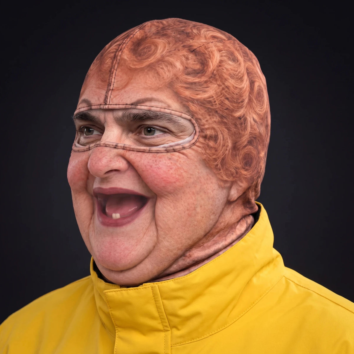 Three-quarter view of the Aunt Bev ski mask pulled over the head, ears and neck.