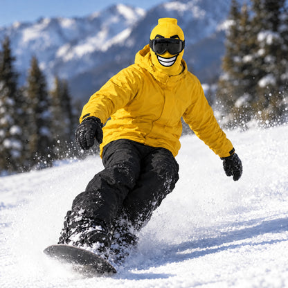 Snowboarder in a Goon Yellow jacket wearing the Beamer ski mask, carving toward the camera, snow spraying off the board on a sunny slope, worn with black ski goggles.