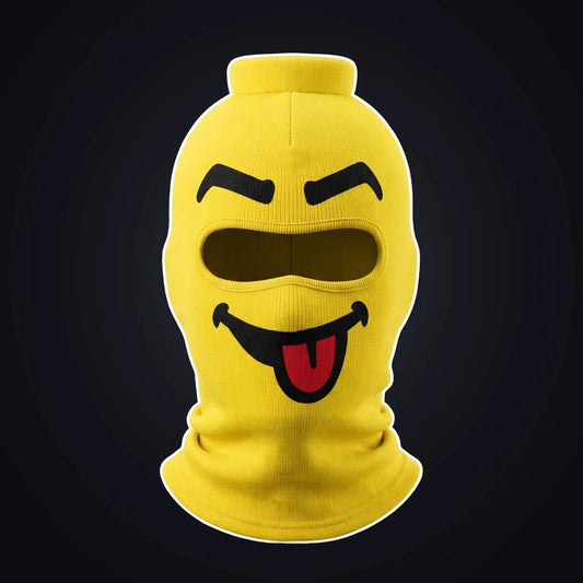 Blep yellow block head ski mask, front view on a dark background.