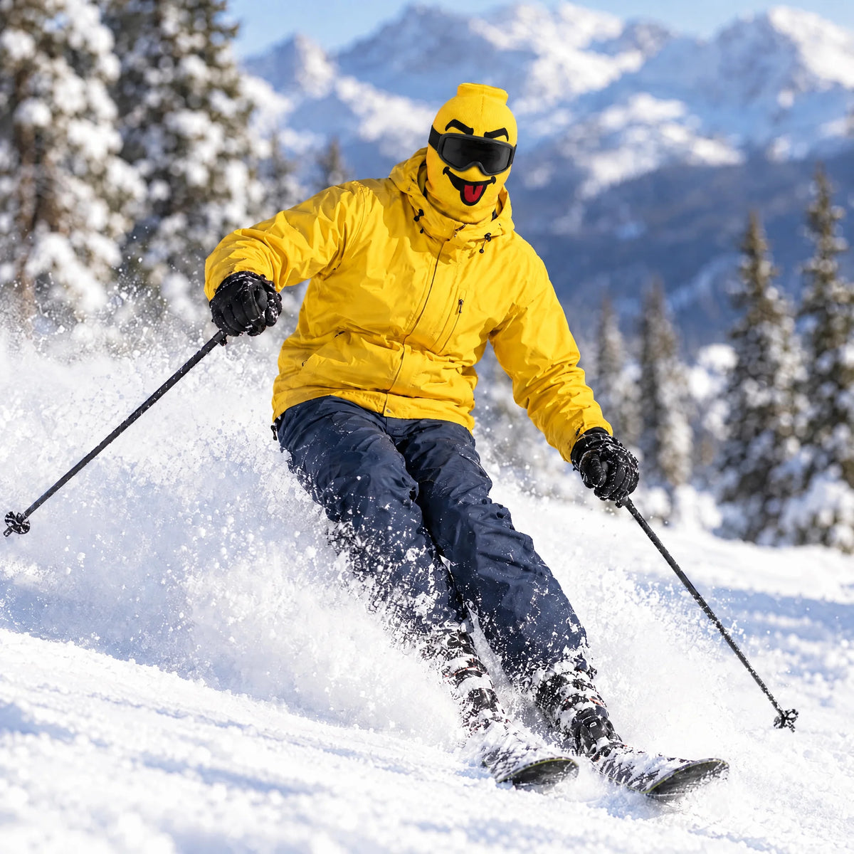 Skier in a Goon Yellow jacket wearing the Blep ski mask, skiing through fresh powder on a sunny slope, worn with black ski goggles.