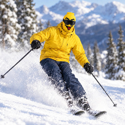 Skier in a Goon Yellow jacket wearing the Blep ski mask, skiing through fresh powder on a sunny slope, worn with black ski goggles.