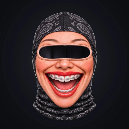 Brenda Braces printed face ski mask, front view on a dark background, with the open oval eye window showing the dark inside of the hood.