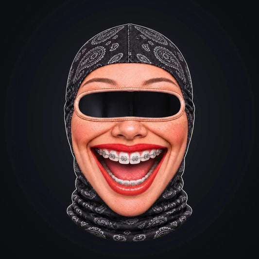 Brenda Braces printed face ski mask, front view on a dark background, with the open oval eye window showing the dark inside of the hood.