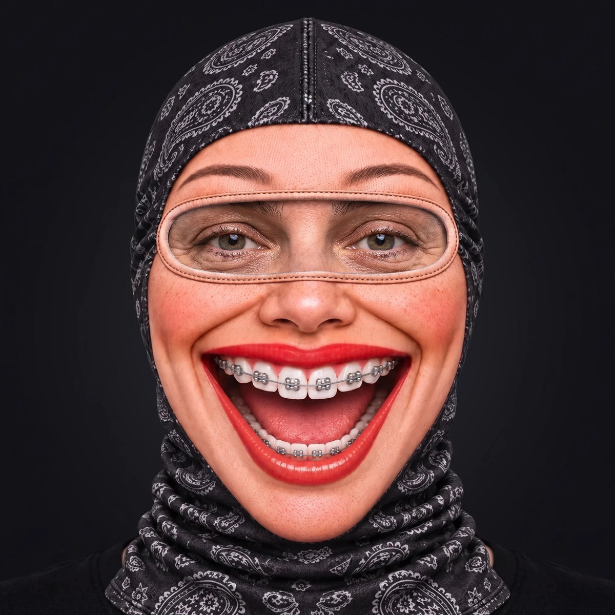 Person wearing the Brenda Braces ski mask, straight-on, real eyes visible through the open oval eye window.