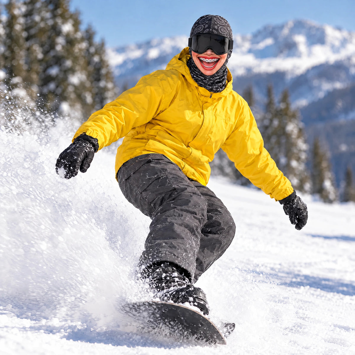 Snowboarder in a Goon Yellow jacket wearing the Brenda Braces ski mask, sliding into a heelside stop, snow spraying on a sunny slope, worn with black ski goggles.