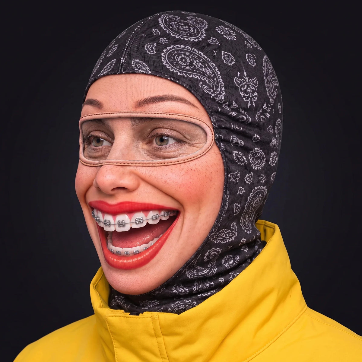 Three-quarter view of the Brenda Braces ski mask pulled over the head, ears and neck.