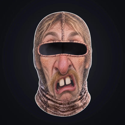 Cousin Wade printed face ski mask, front view on a dark background, with the open oval eye window showing the dark inside of the hood.