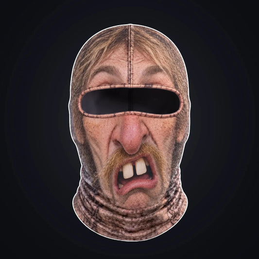 Cousin Wade printed face ski mask, front view on a dark background, with the open oval eye window showing the dark inside of the hood.