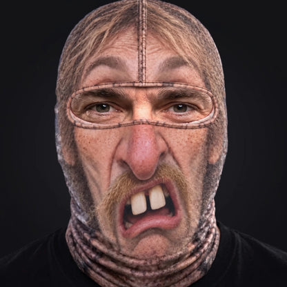 Person wearing the Cousin Wade ski mask, straight-on, real eyes visible through the open oval eye window.