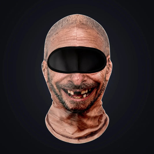 Grandpa Gus printed face ski mask, front view on a dark background, with the open oval eye window showing the dark inside of the hood.