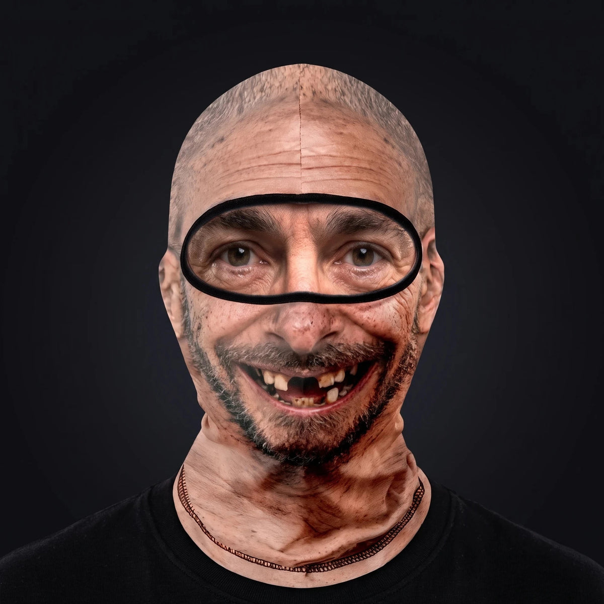 Person wearing the Grandpa Gus ski mask, straight-on, real eyes visible through the open oval eye window.