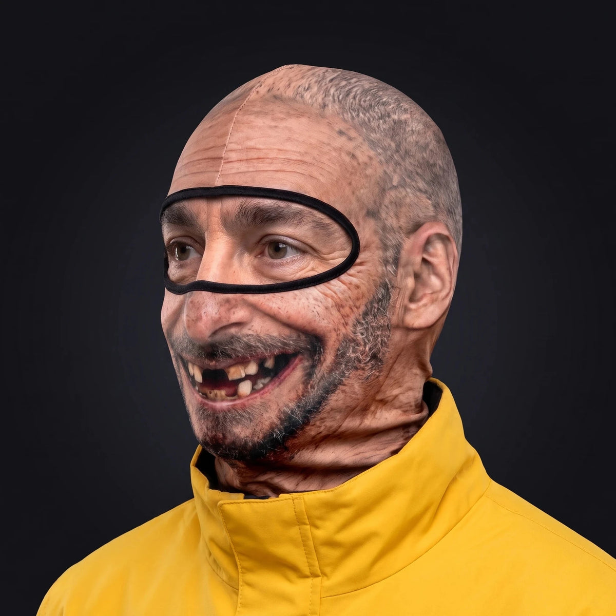 Three-quarter view of the Grandpa Gus ski mask pulled over the head, ears and neck.