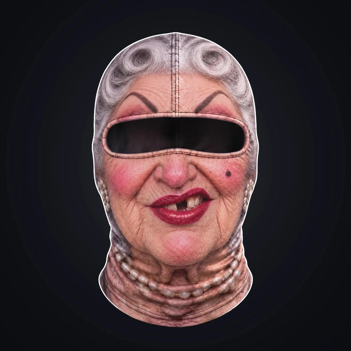 Granny printed face ski mask, front view on a dark background, with the open oval eye window showing the dark inside of the hood.