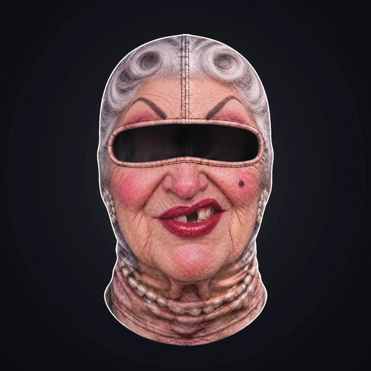Granny printed face ski mask, front view on a dark background, with the open oval eye window showing the dark inside of the hood.