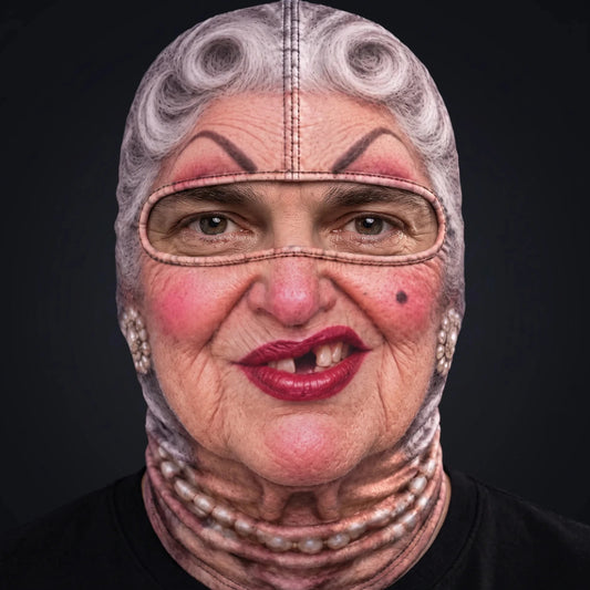 Person wearing the Granny ski mask, straight-on, real eyes visible through the open oval eye window.