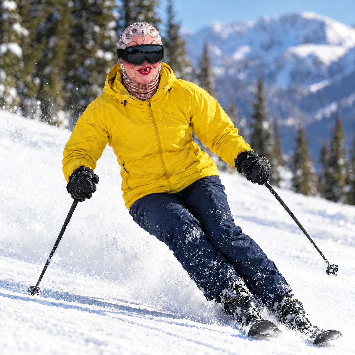 Skier in a Goon Yellow jacket wearing the Granny ski mask, cruising through a turn on a groomed run on a sunny slope, worn with black ski goggles.