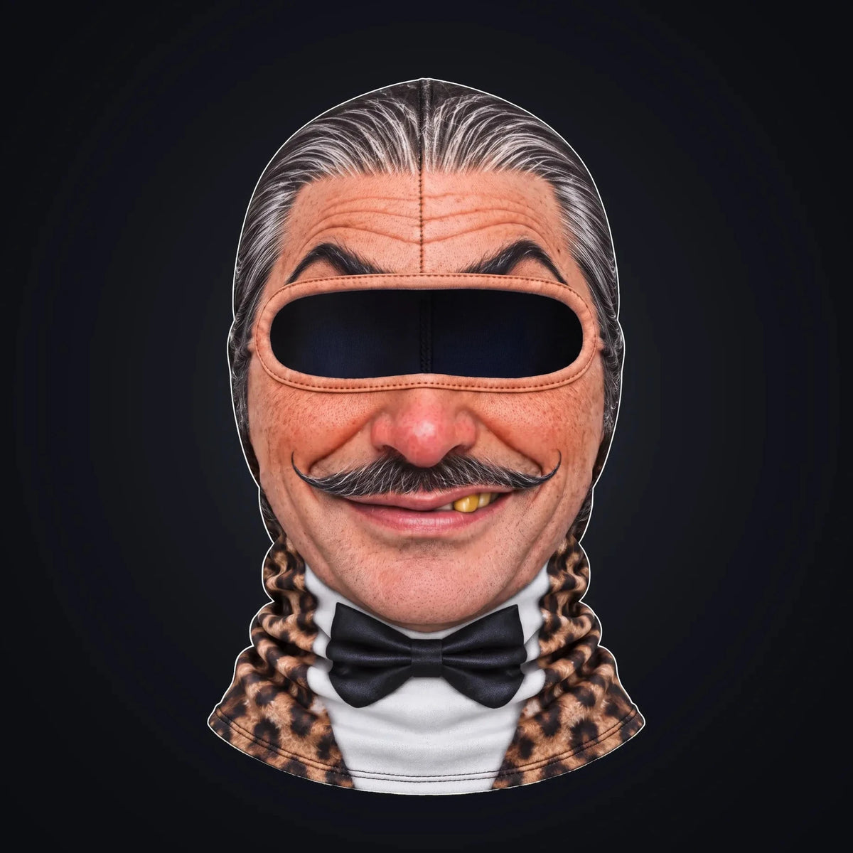 Sir Reggie printed face ski mask, front view on a dark background, with the open oval eye window showing the dark inside of the hood.