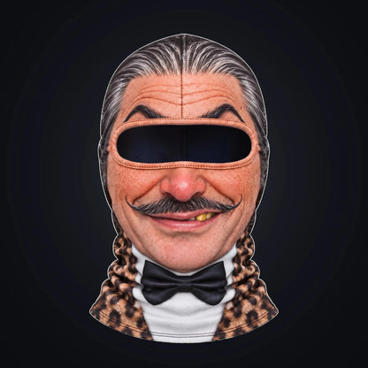 Sir Reggie printed face ski mask, front view on a dark background, with the open oval eye window showing the dark inside of the hood.