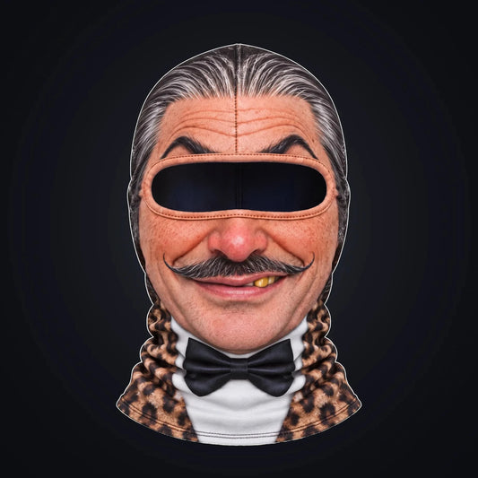 Sir Reggie printed face ski mask, front view on a dark background, with the open oval eye window showing the dark inside of the hood.