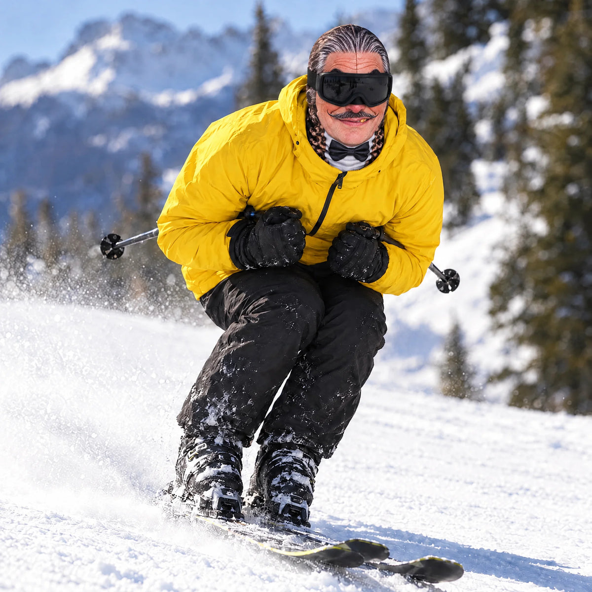 Skier in a Goon Yellow jacket wearing the Sir Reggie ski mask, speeding down the run in a tuck on a sunny slope, worn with black ski goggles.