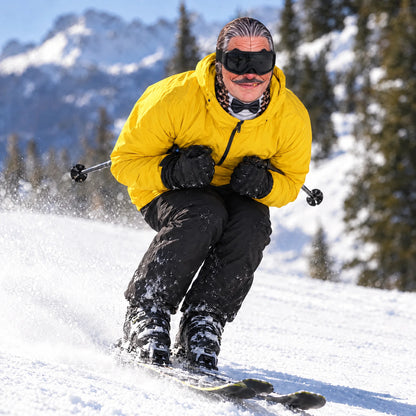 Skier in a Goon Yellow jacket wearing the Sir Reggie ski mask, speeding down the run in a tuck on a sunny slope, worn with black ski goggles.