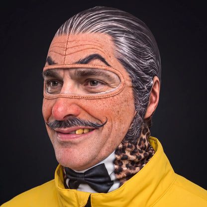Three-quarter view of the Sir Reggie ski mask pulled over the head, ears and neck.