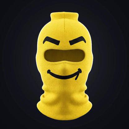 Smuggles yellow block head ski mask, front view on a dark background.
