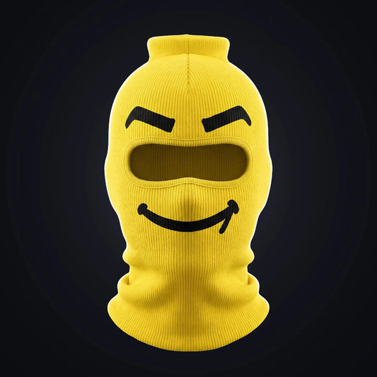 Smuggles yellow block head ski mask, front view on a dark background.