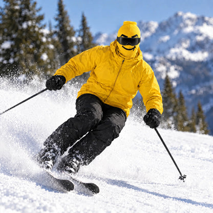 Skier in a Goon Yellow jacket wearing the Smuggles ski mask, mid carve, snow spraying off the skis on a sunny slope, worn with black ski goggles.