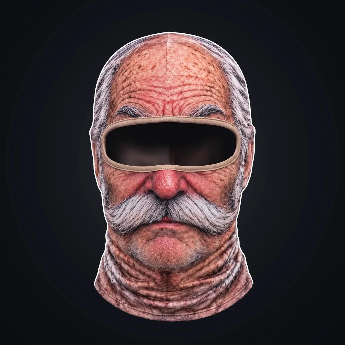 Uncle Earl printed face ski mask, front view on a dark background, with the open oval eye window showing the dark inside of the hood.