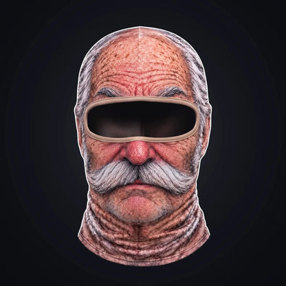 Uncle Earl printed face ski mask, front view on a dark background, with the open oval eye window showing the dark inside of the hood.
