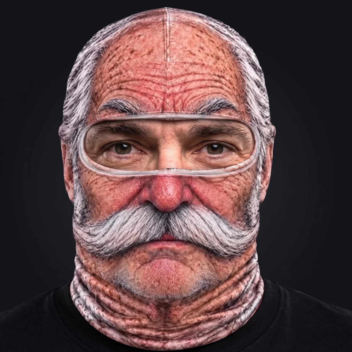 Person wearing the Uncle Earl ski mask, straight-on, real eyes visible through the open oval eye window.