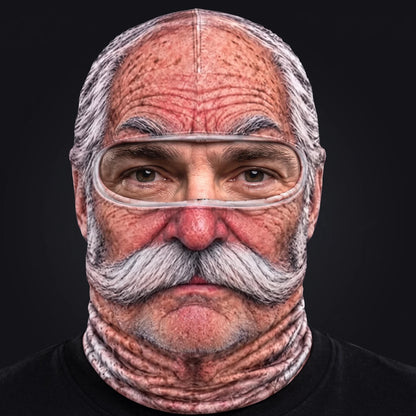 Person wearing the Uncle Earl ski mask, straight-on, real eyes visible through the open oval eye window.