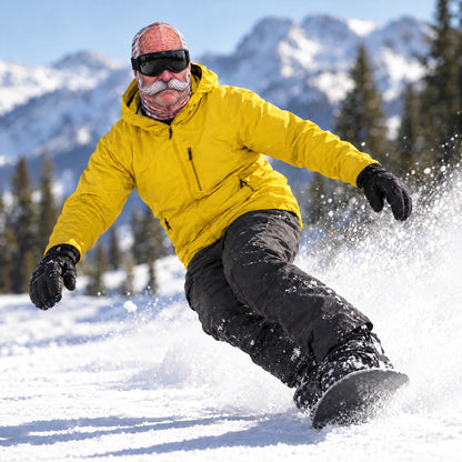 Snowboarder in a Goon Yellow jacket wearing the Uncle Earl ski mask, mid heelside carve, snow spraying off the board on a sunny slope, worn with black ski goggles.