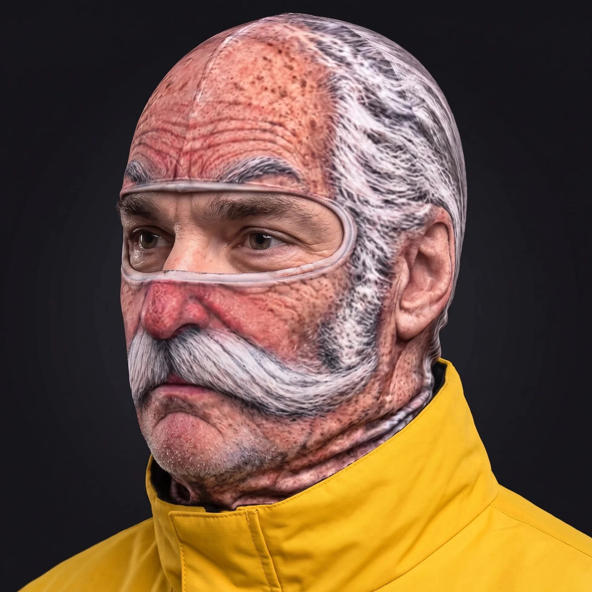 Three-quarter view of the Uncle Earl ski mask pulled over the head, ears and neck.